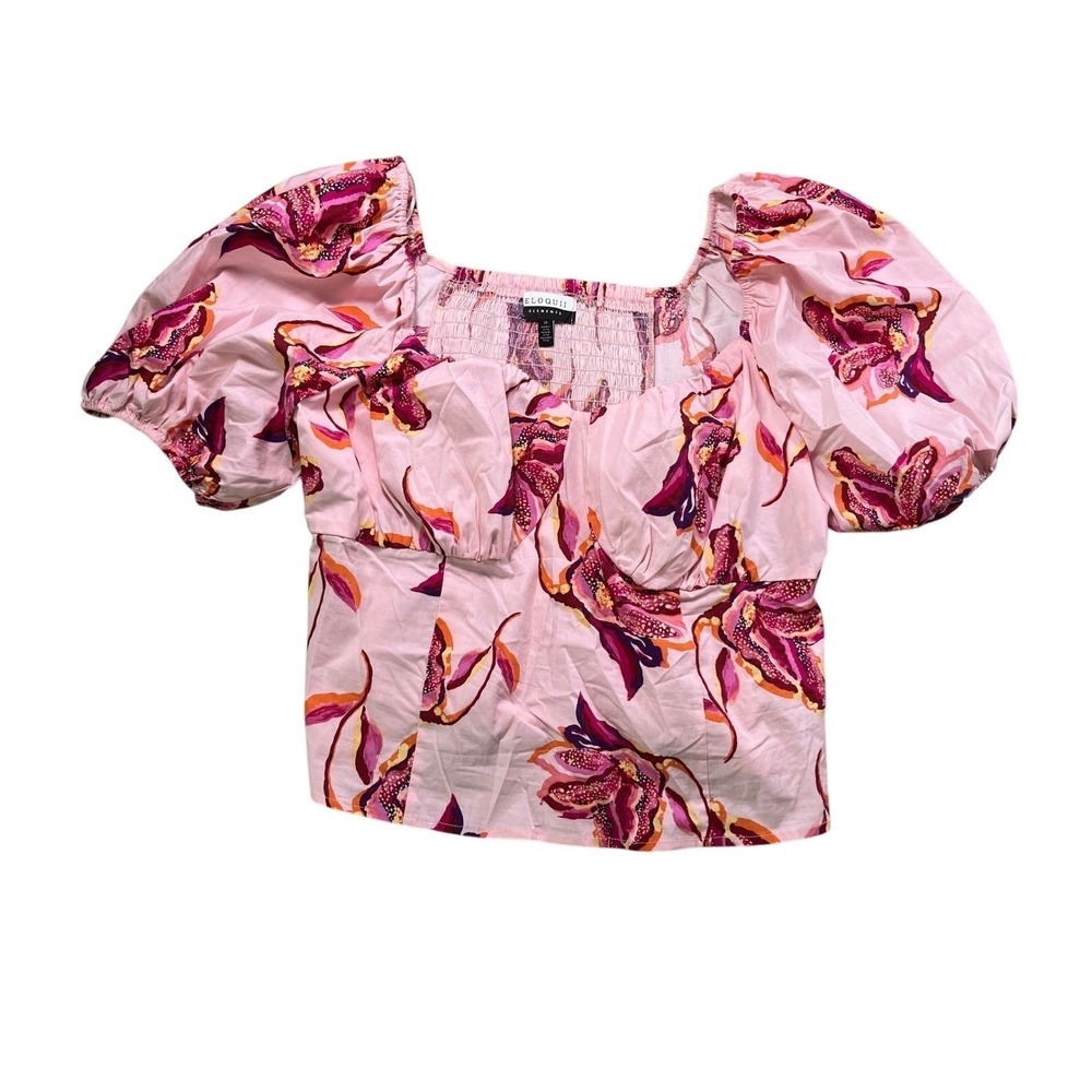 Eloquii Pink Floral Smocked Puff Sleeve Crop Top Size 20